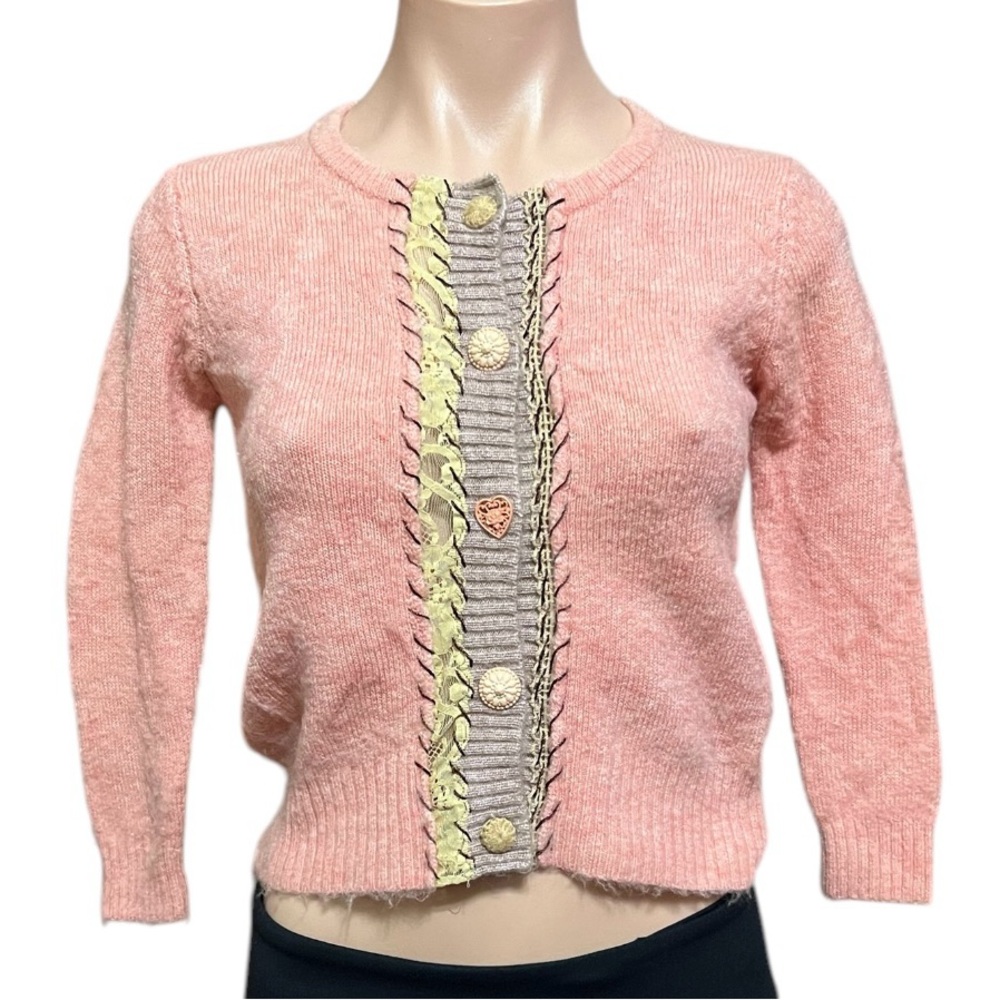 Free People Salmon Pink Button-Front Crop Sweater 3/4 Sleeve